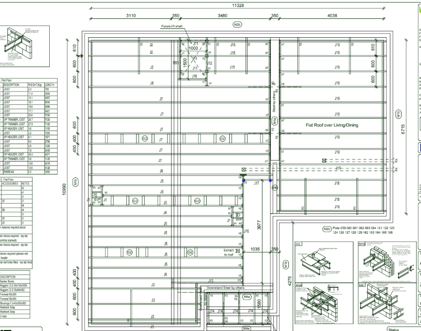 Structural joist and framing plan showing complexity of multi-storey extension