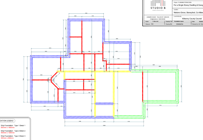 Irish new build foundation layout plan showing strip foundation types for single storey dwelling with garage
