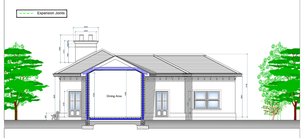 Irish new build house front elevation showing dining area extension with arched entrance and expansion joint detail