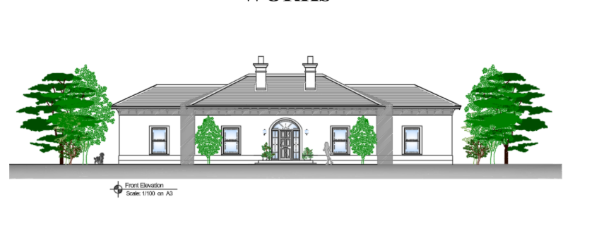 Irish new build houses Ireland - front elevation architectural drawing showing traditional single storey dwelling with hipped roof and chimneys