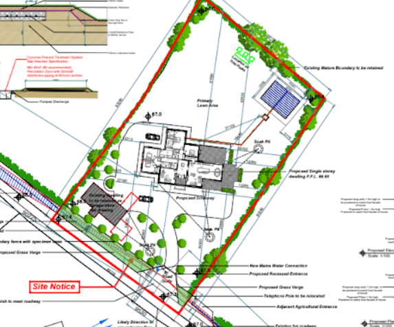Irish new build site layout planning drawing showing proposed single storey dwelling site plan with landscaping and site boundary