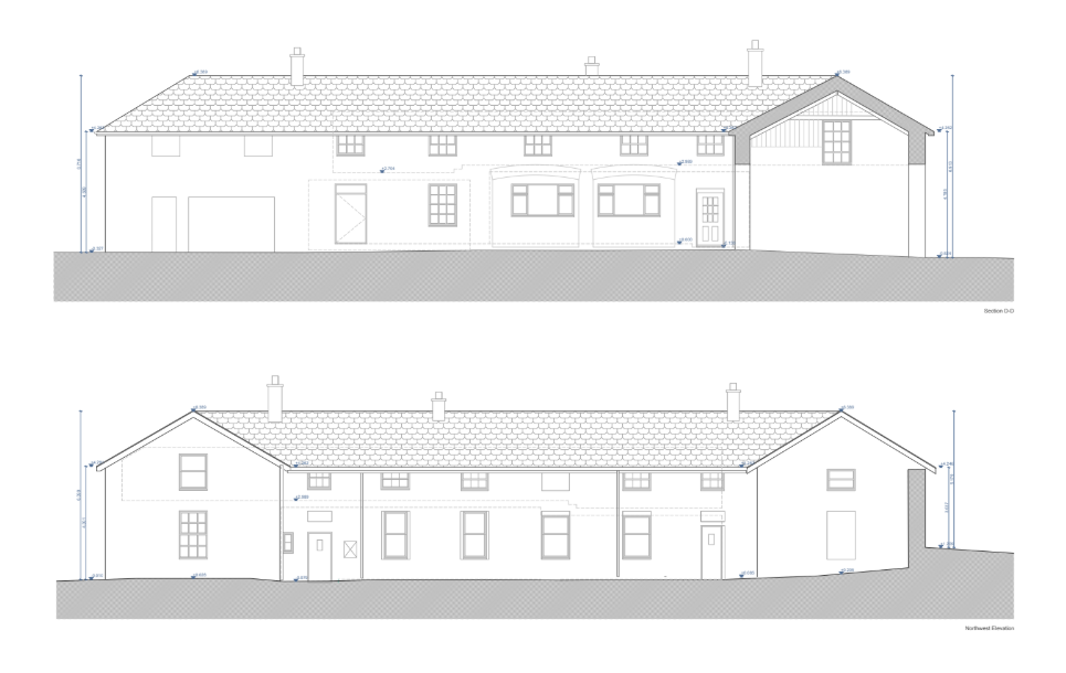 Scottish heritage farm renovation - section and north elevation architectural drawings