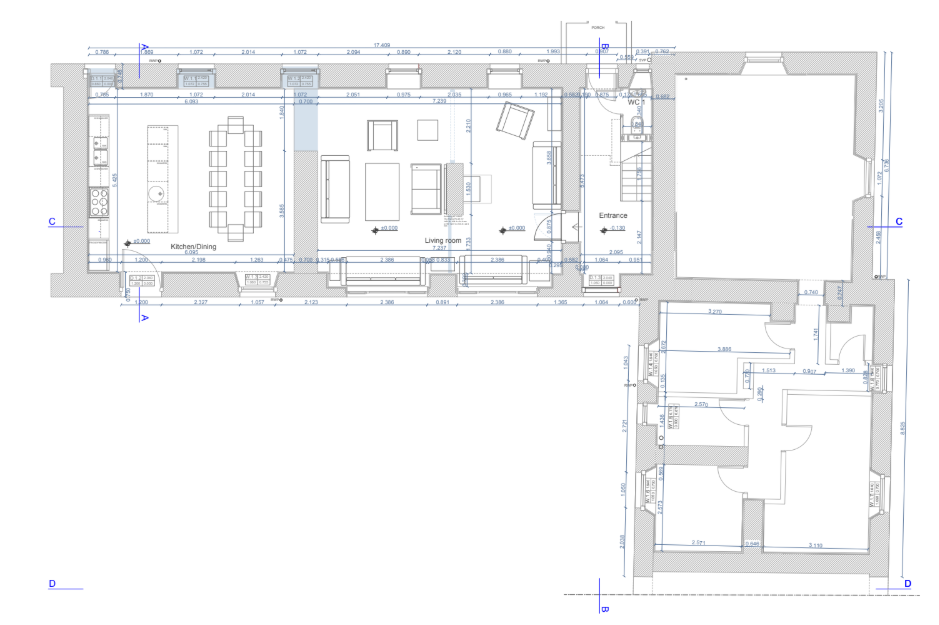 Scottish heritage farm renovation - ground floor layout showing kitchen dining living and bedroom wings