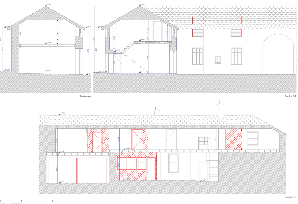 Scottish heritage farm renovation - building sections A-A B-B and C-C showing structural and opening details